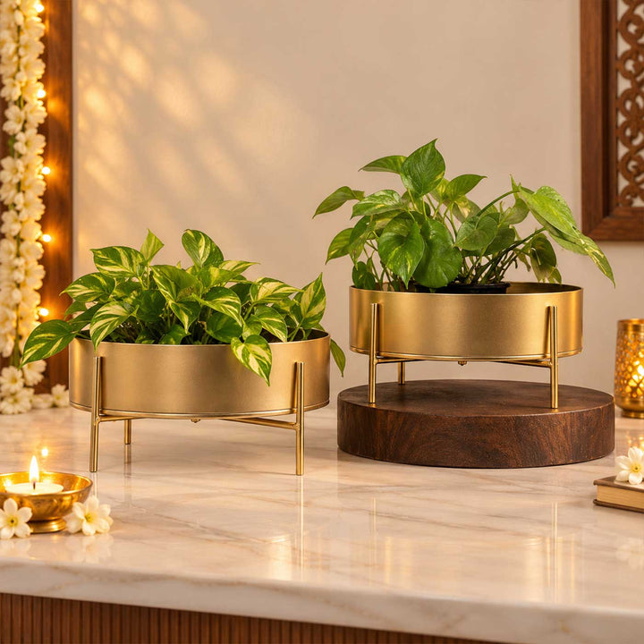Set of 2 | Handmade Gold Etched Round Table Urli With Stand For Festive Decor