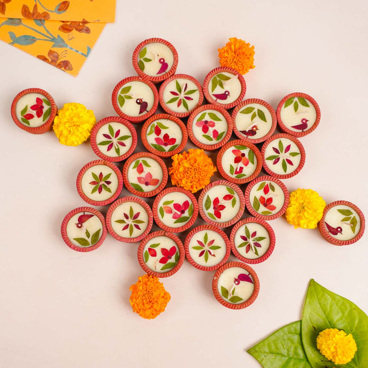 24 Diyas | Handmade Soy Wax & Dry Flower Festive Diyas | 6 Boxes, 4 Diyas per Box