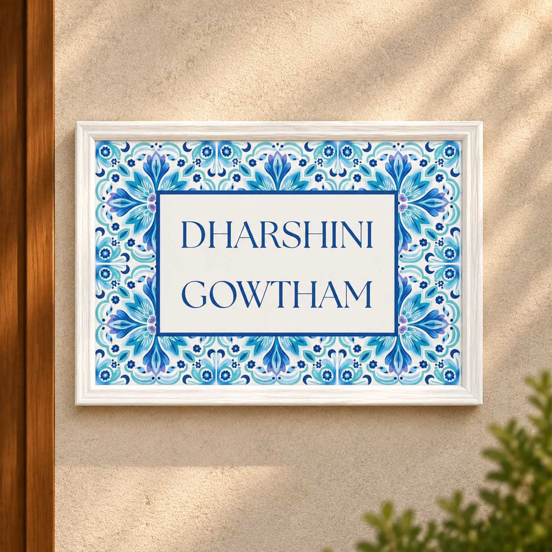 Floral Blue Vintage Design Personalized Resin & Teak Wood Frame Name Plate For Home