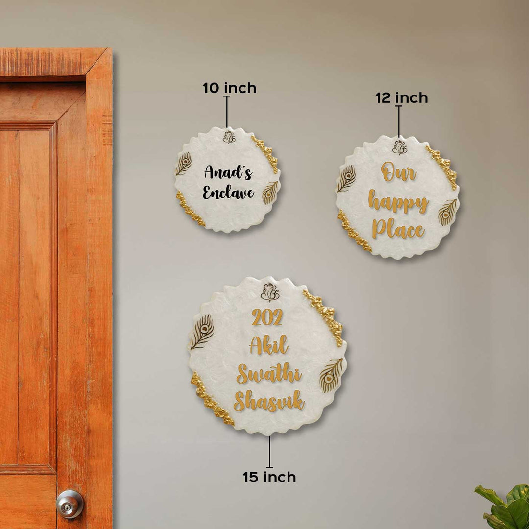White & Gold Feather Personalized Marble Efffect Wavy Round Resin Name Plate | With 3D Acrylic Letters & Gold Stone Embellishment