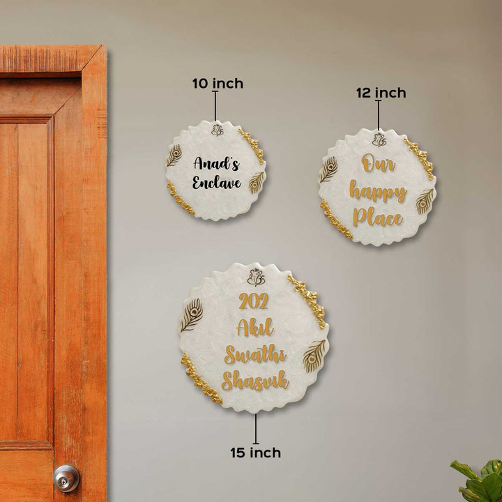 White & Gold Feather Personalized Marble Efffect Wavy Round Resin Name Plate | With 3D Acrylic Letters & Gold Stone Embellishment