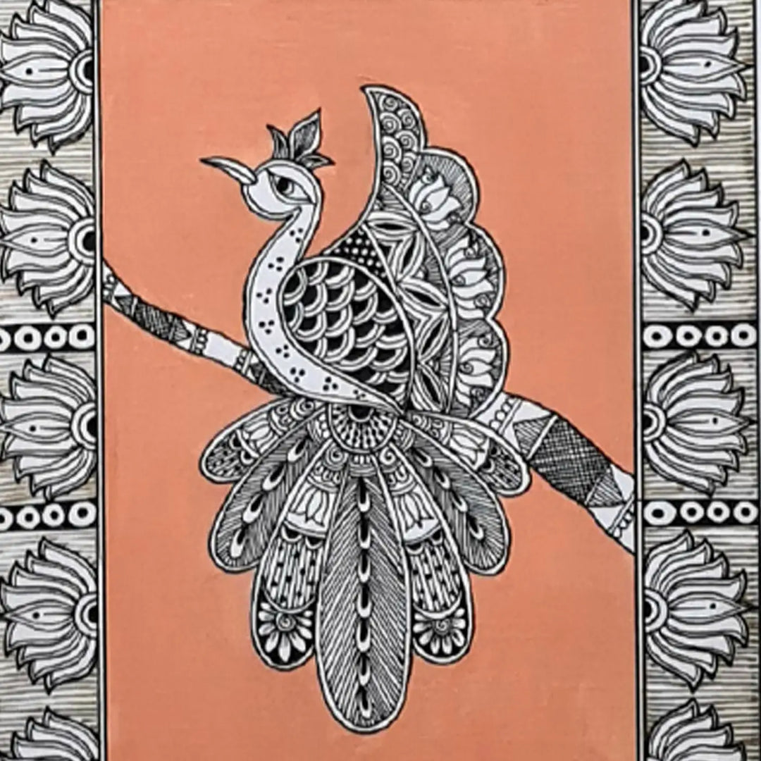 8 x 5 Inch | Peacock In Four Frames | Original Hand Painted Madhubani Painting On Paper