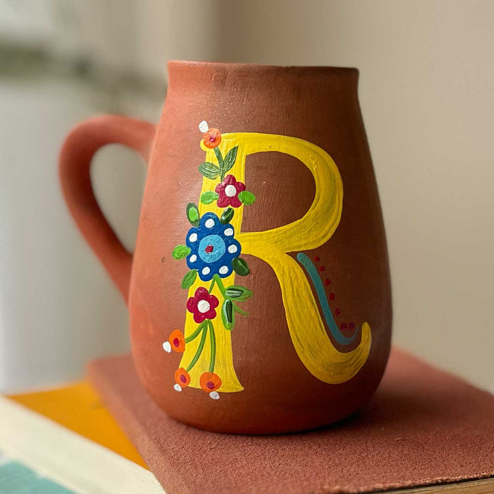 Personalized Hand-painted Floral Theme Monogram Terracotta Mug - R