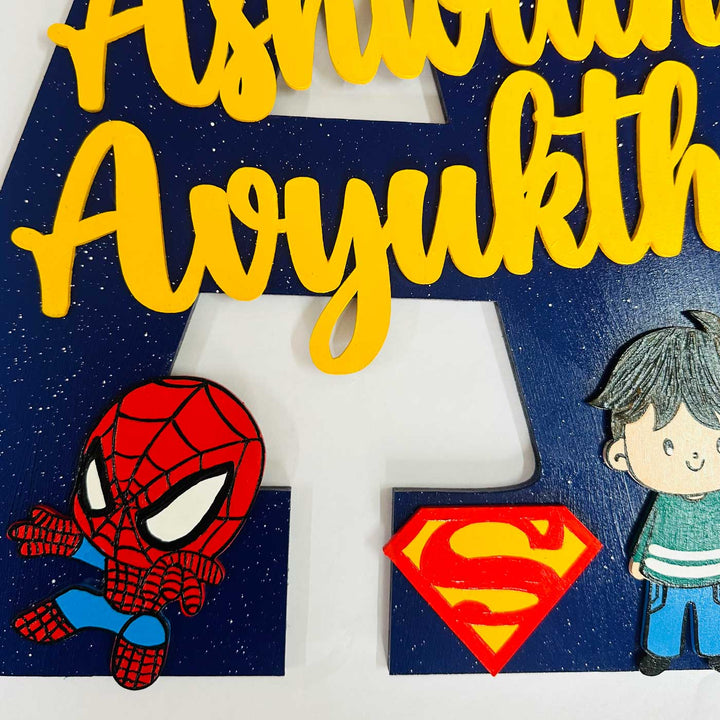 12 inch | Personalized Hand-painted Superhero Siblings Adventure MDF Wood Monogram With 3D Letters