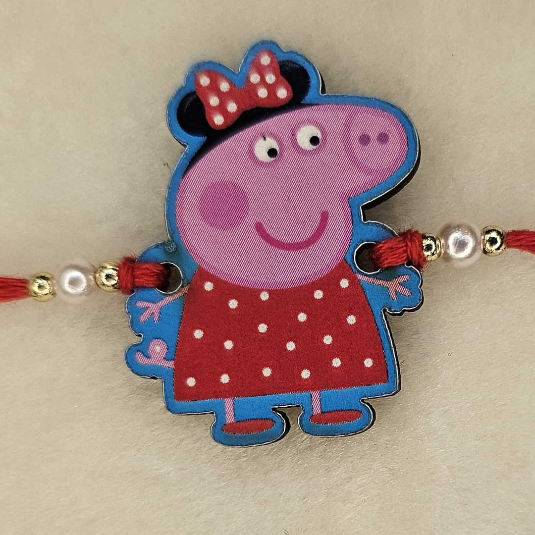 Handmade Peppa Pig Mdf Wood Kids Rakhi With Roli Chawal - Front View of Girl Character