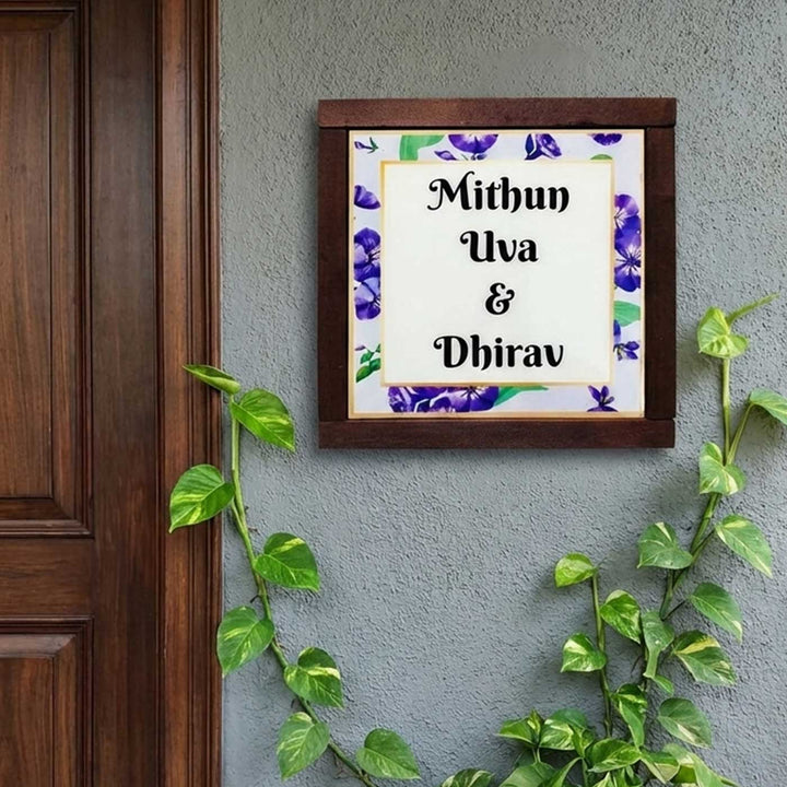Blue Botanical Personalized Printed Square Resin Name Plate