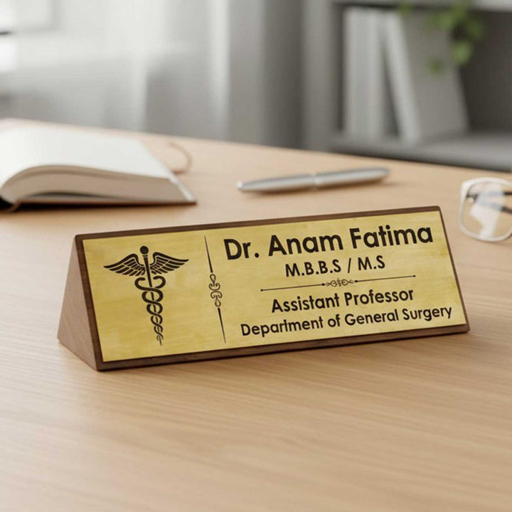 Personalized Teak Wood Desk Name Plate With Brass Letters & Motif For Office