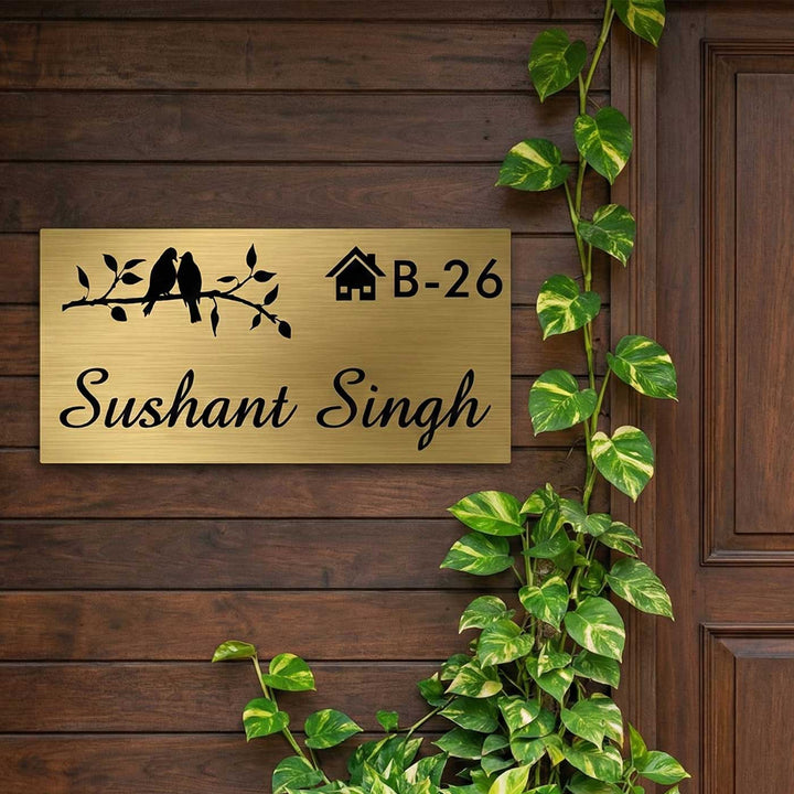 Birds Engraved Personalized Golden Metal Name Plate | Rectangular, Outdoor, Weather Proof