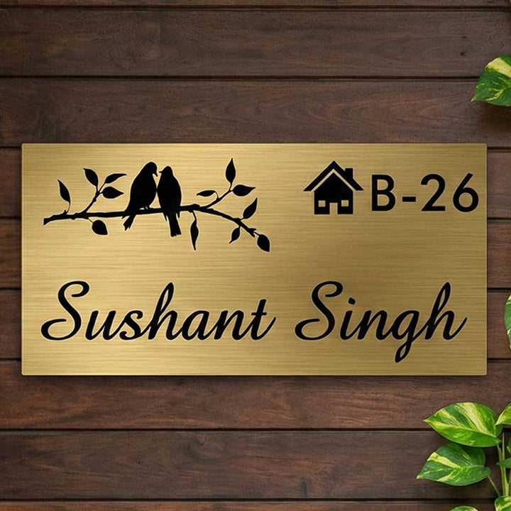 Birds Engraved Personalized Golden Metal Name Plate | Rectangular, Outdoor, Weather Proof