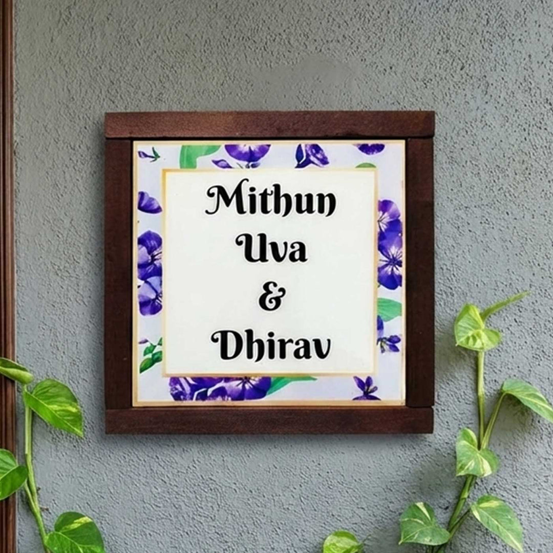 Blue Botanical Personalized Printed Square Resin Name Plate