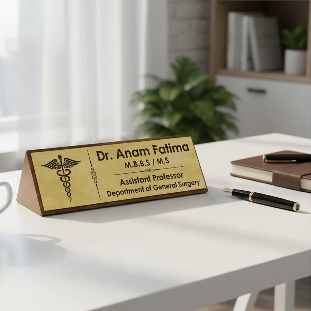 Personalized Teak Wood Desk Name Plate With Brass Letters & Motif For Office