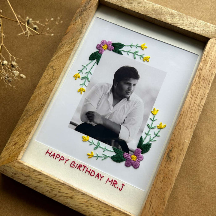 Corner Flowers Design Hand Embroidered Photo With Wooden Frame