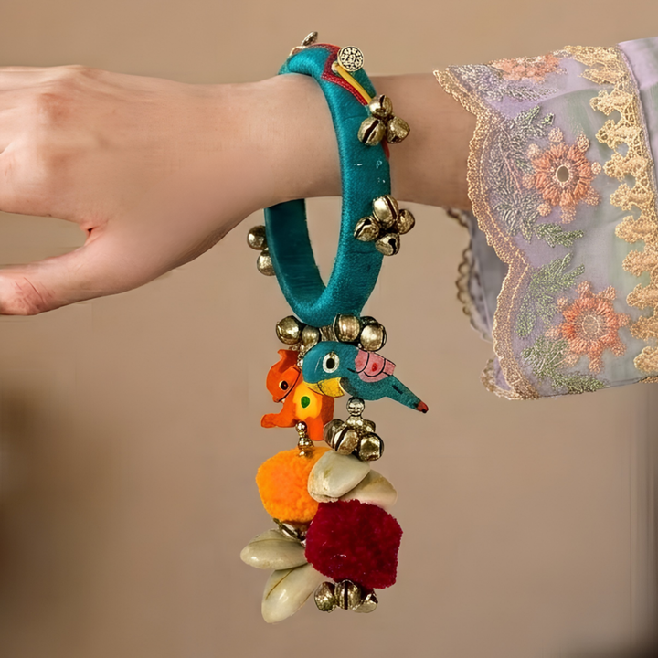Handmade Beaded Ghungroo & Parrot Charm Cotton Bangle Lumba With Roli Chawal For Bhabhi
