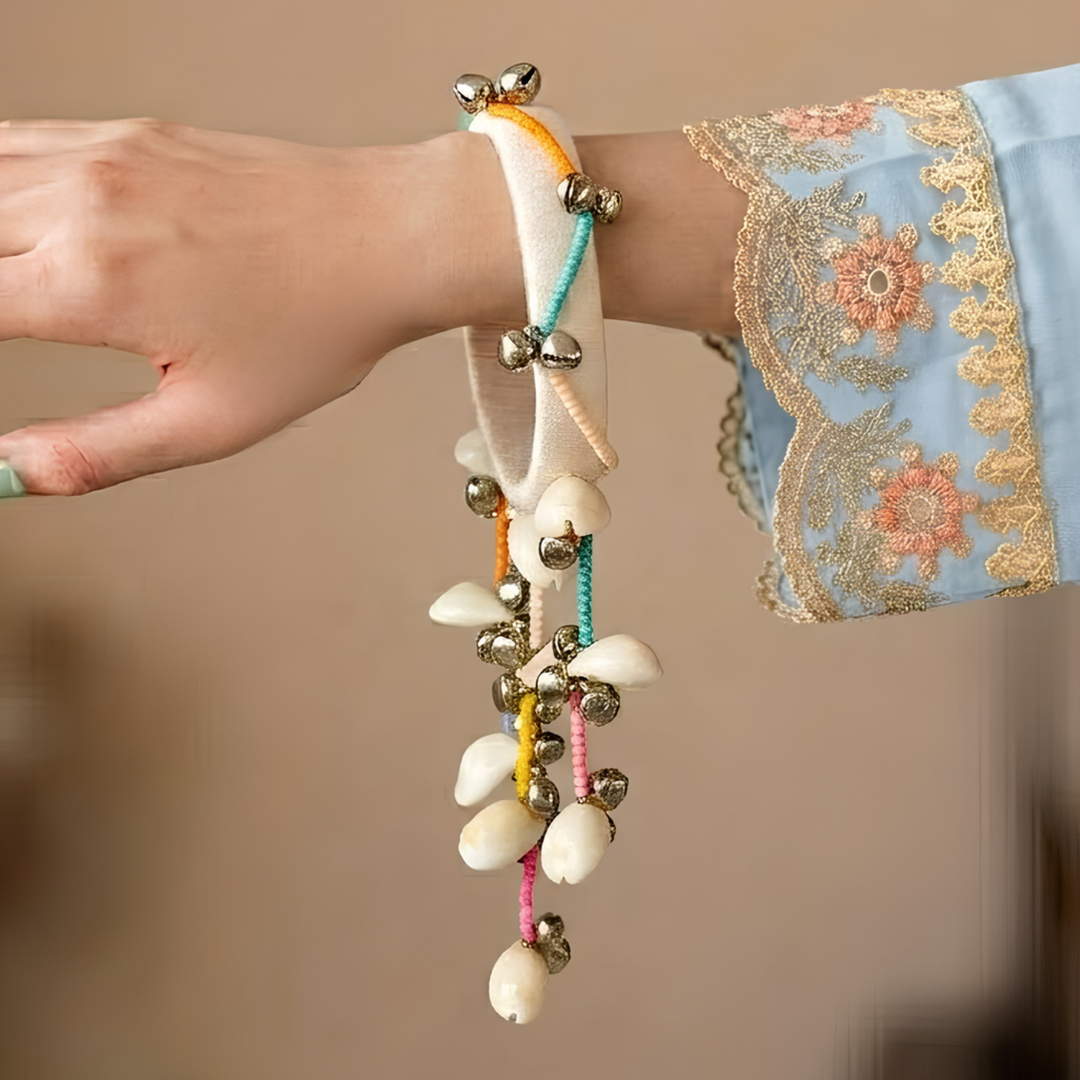 Handmade Beaded White Ghungroo & Shell Cotton Bangle Lumba With Roli Chawal For Bhabhi