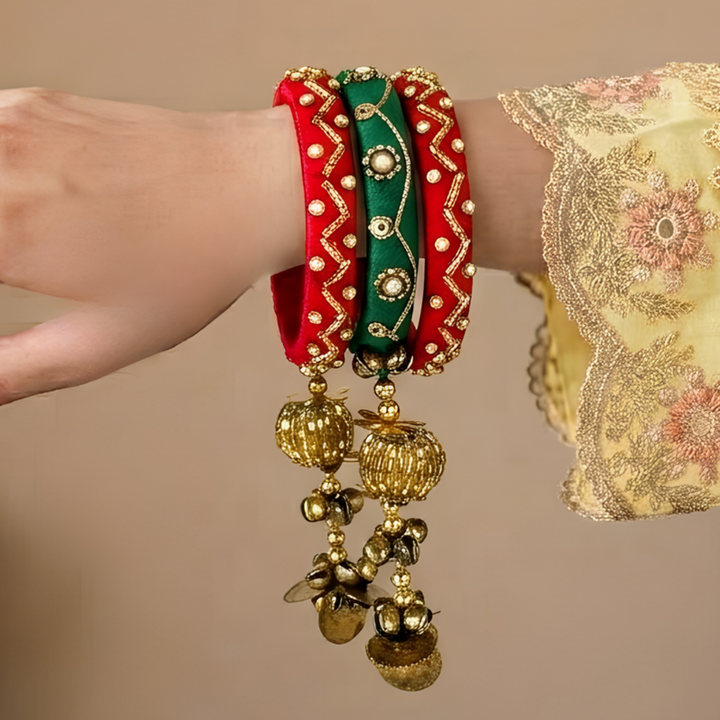 Handmade Beaded Red Green Ghungroo Cotton Bangle Lumba With Roli Chawal For Bhabhi