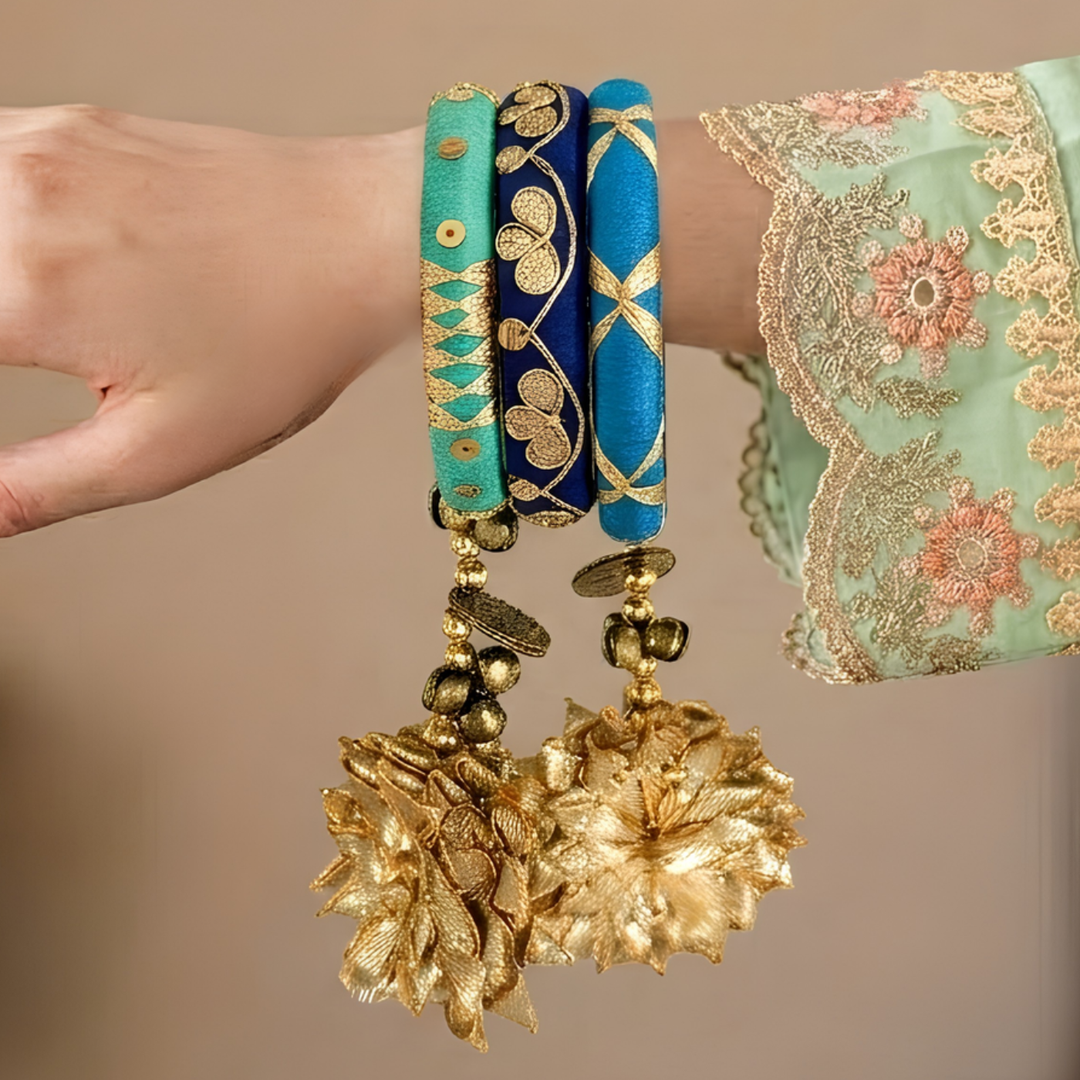 Handmade Beaded Traditional Ghungroo & Flower Cotton Bangle Lumba With Roli Chawal For Bhabhi