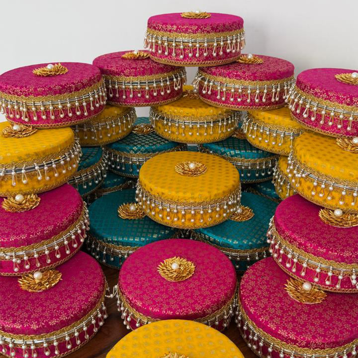 "Laddoo Box" Traditional Brocade Wrapped Steel Gift Box For Festive Gifting