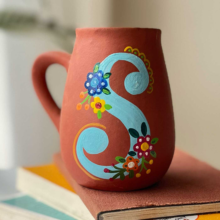 Initial S | Personalized Hand-painted Floral Theme Monogram Terracotta Mug - S