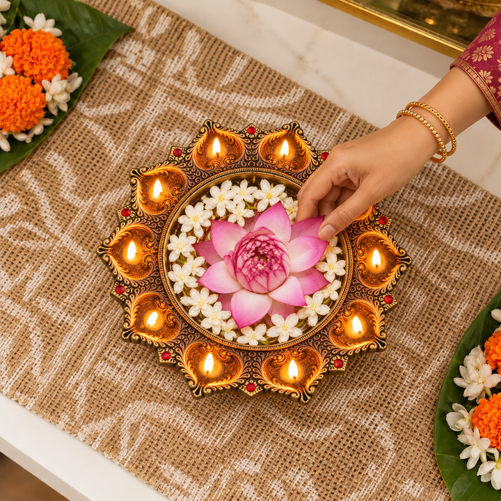 Handmade Small Decorative 9 Terracotta Diya & Urli Platter | 9 inch