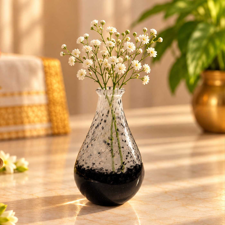 Handmade Black & White Speckled Small Glass Art Vase For Home Decor