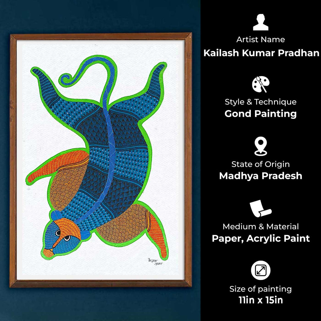11 x 15 Inch | Playful Wild Cat | Original Hand painted Tribal Gond Art Painting | Acrylic Paints On Paper