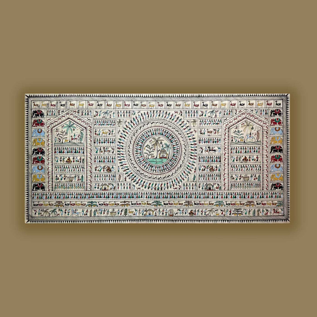 41 X 20 Inch | Handmade Tussar Silk Saura Mandala Painting
