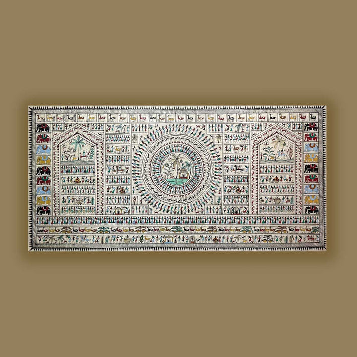 41 X 20 Inch | Handmade Tussar Silk Saura Mandala Painting