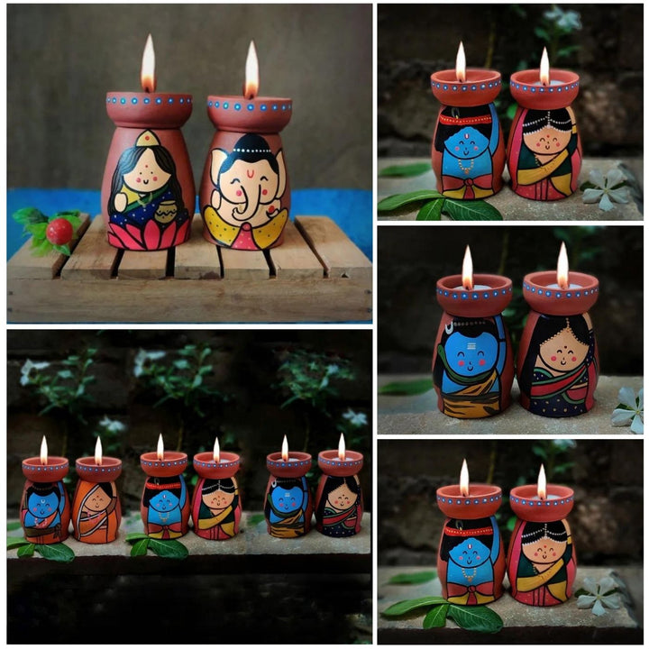 Handpainted Terracotta Tealight Holders with Radha & Krishna | Set of 2