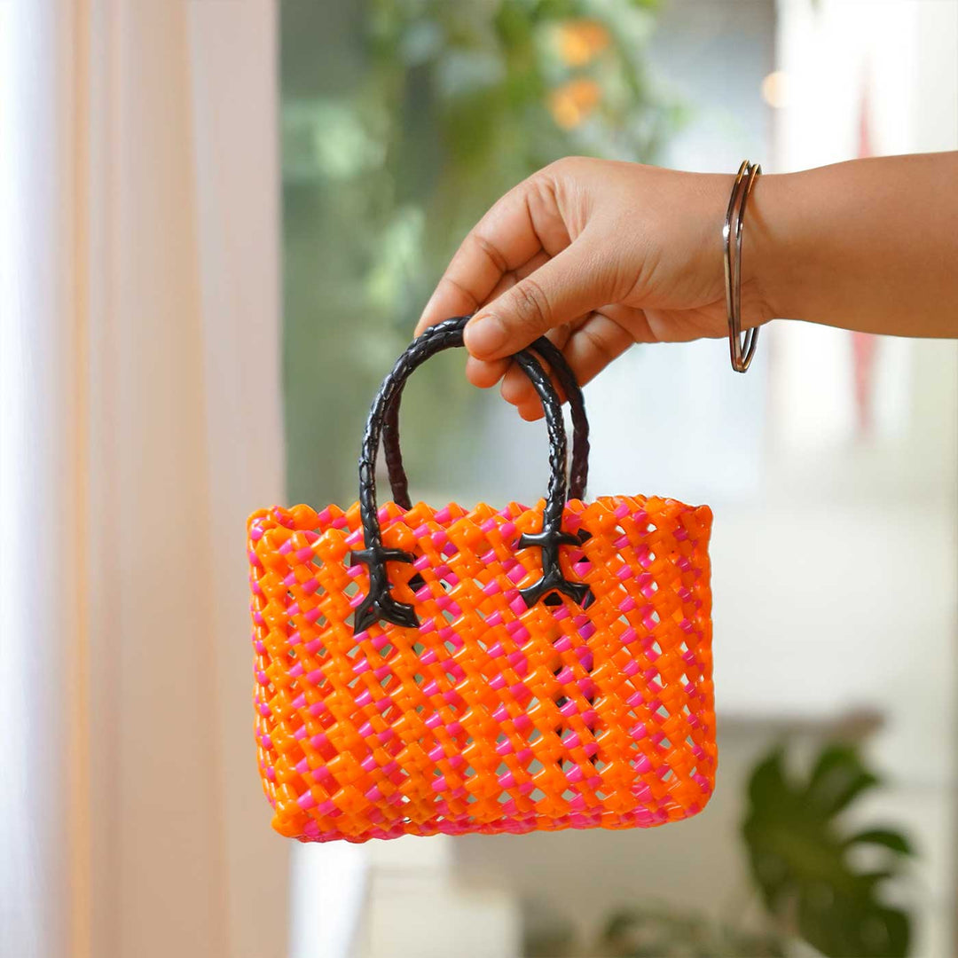 Handwoven Orange & Pink Small Plastic Wire Koodai Bag For Festive Return Gifts