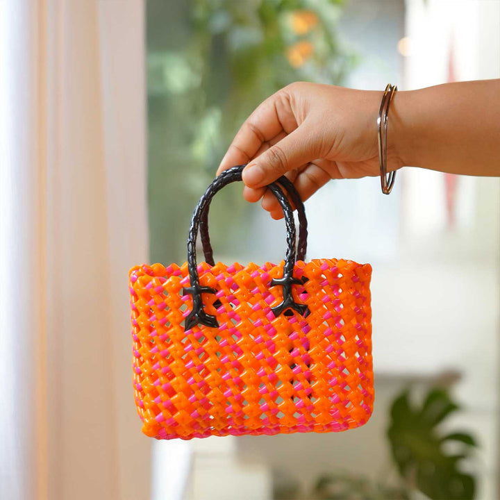 Handwoven Orange & Pink Small Plastic Wire Koodai Bag For Festive Return Gifts