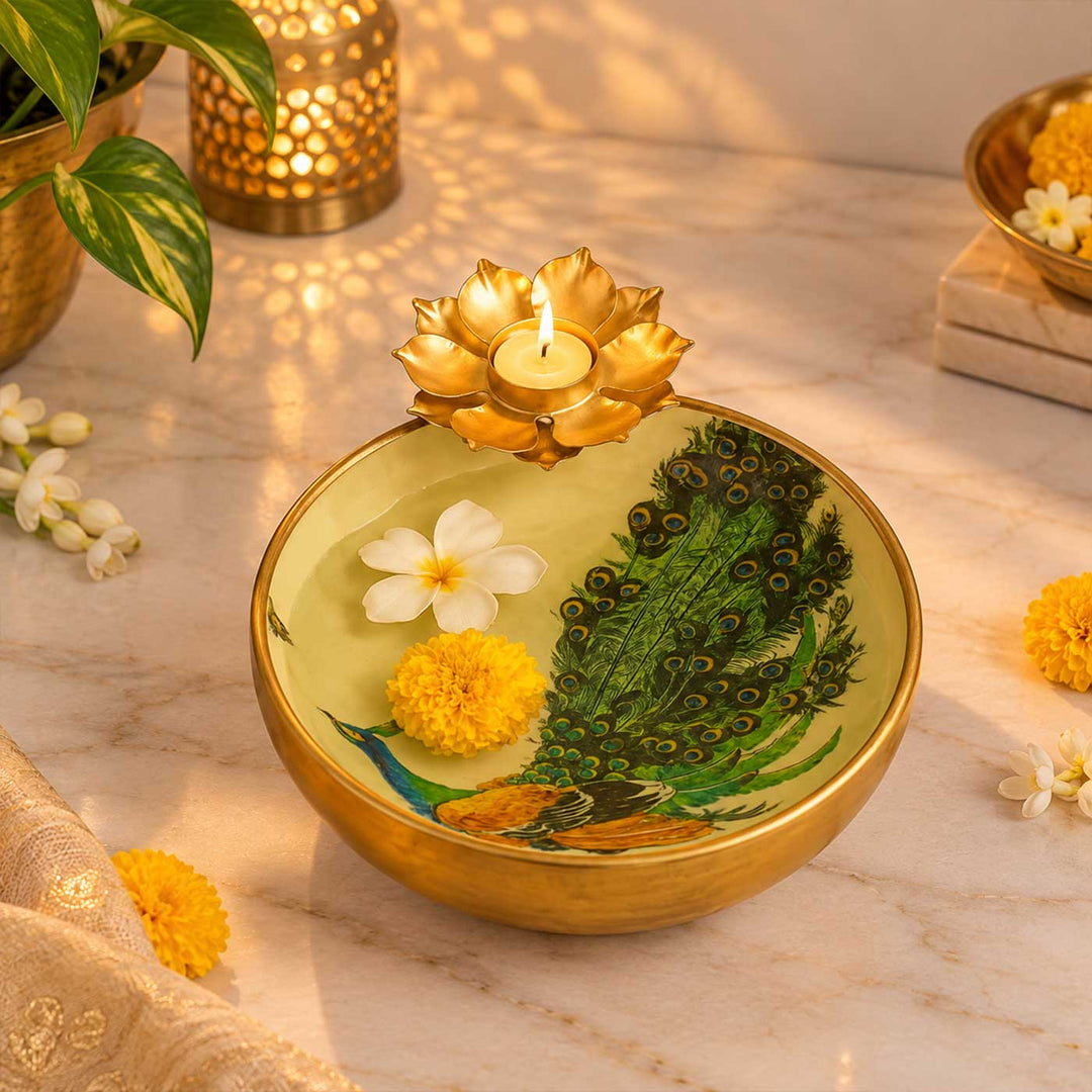 Handmade Green Meena Enamel Peacock Urli With Floral Tealight Holder For Festive Decor