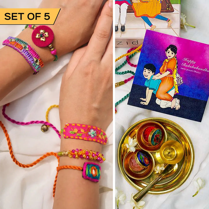 5 pc Rakhi + Brass Thali Set | Premium Pyar Bhari Embroidered & Beaded Rakhi Set with Roli Chawal