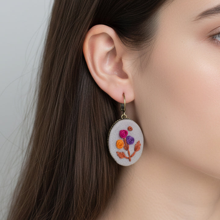 Hand Embroidered Blossom Pop Bronze Tone Earrings