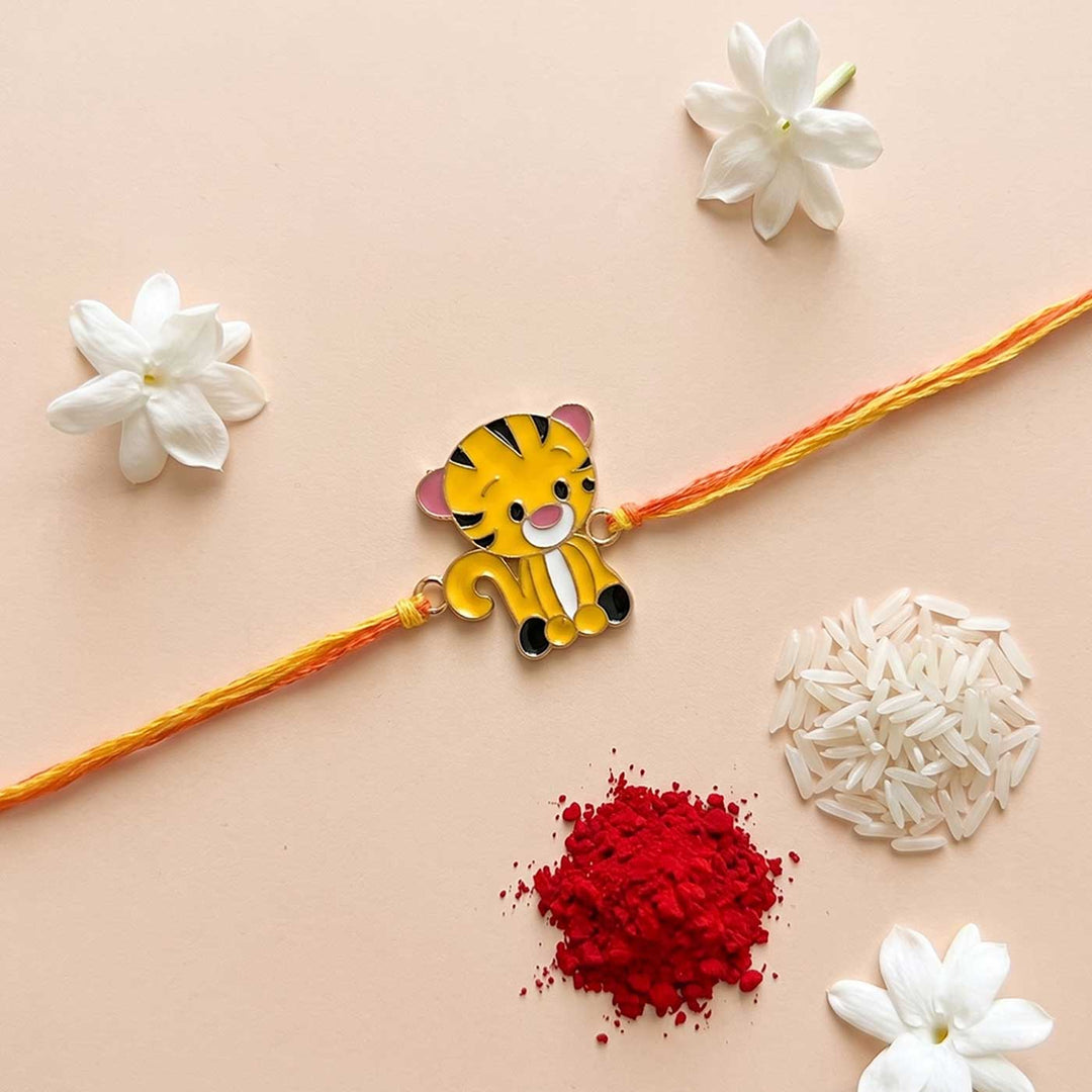 Engraved Little Tiger Enamel Metal Charm Rakhi With Roli Chawal for Brother