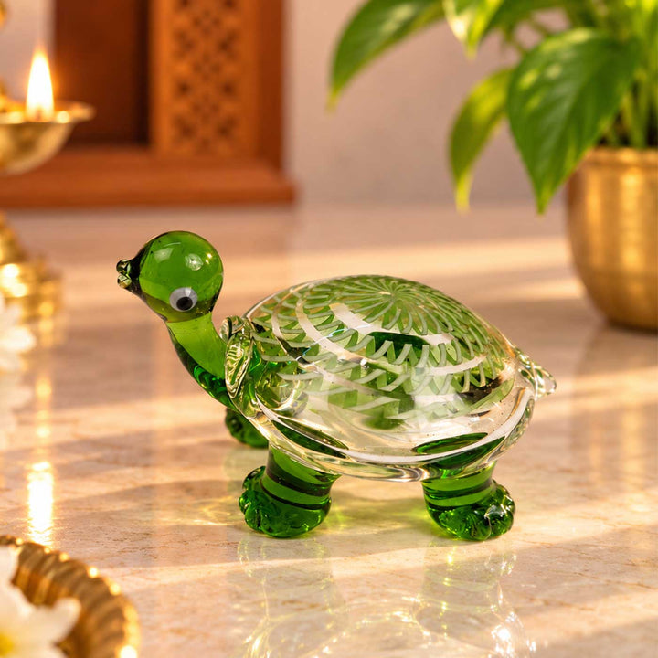 Handmade Blown Glass Green Turtle Miniature Figurine For Decor