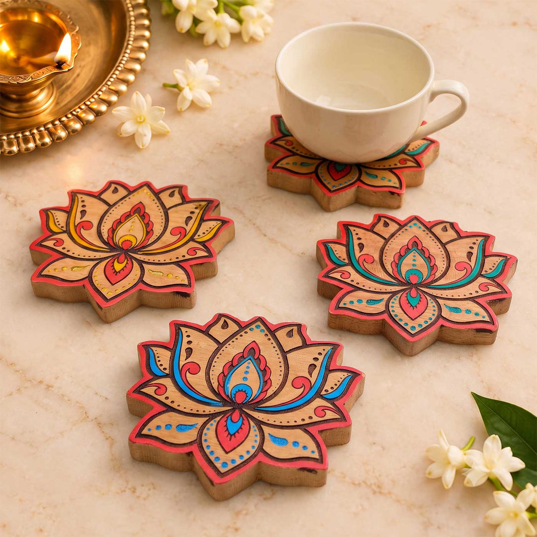 4 pc | Hand-Painted Engraved Mahogany Wood Lotus Kolam Coasters For Coffee Table & Dining Decor