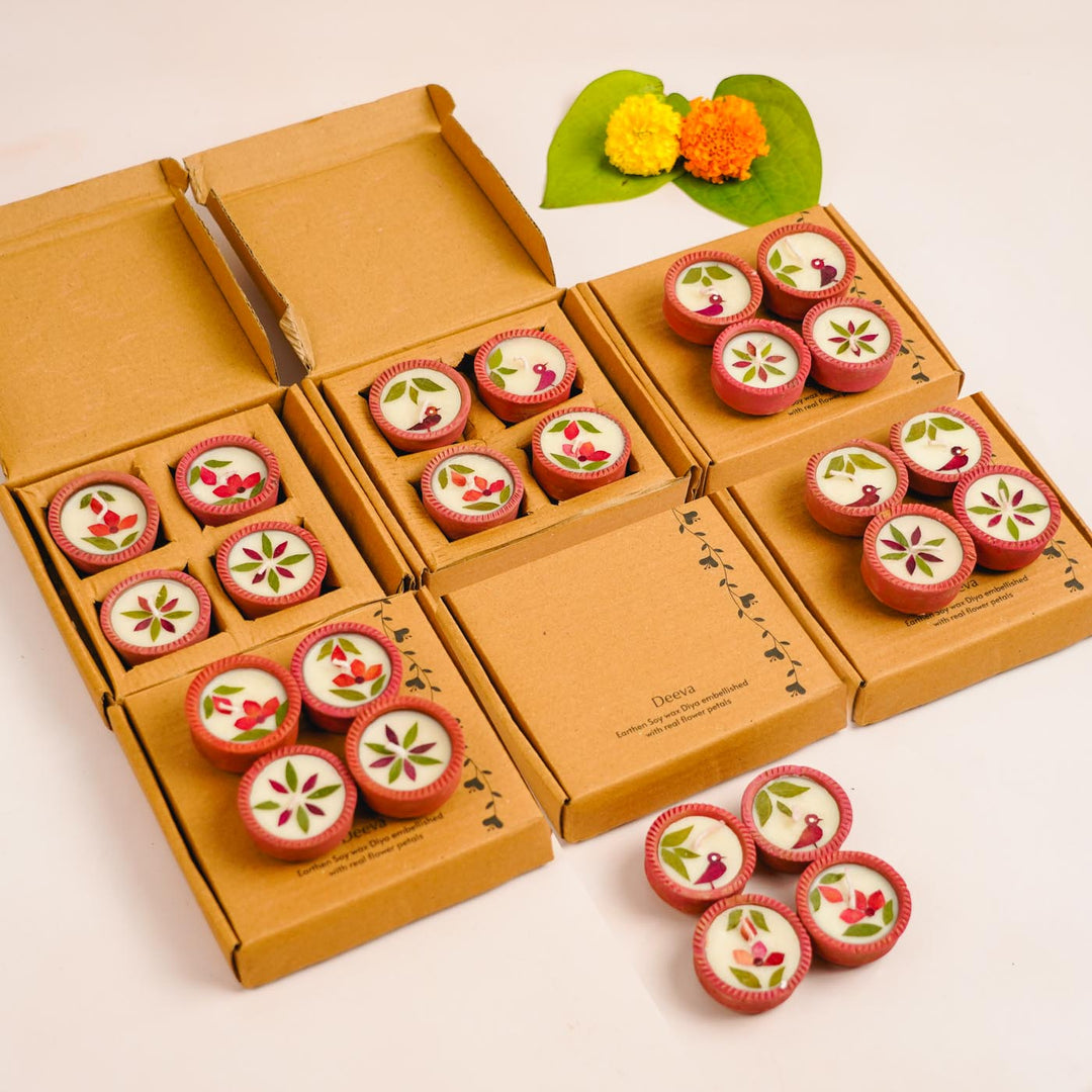 24 Diyas | Handmade Soy Wax & Dry Flower Festive Diyas | 6 Boxes, 4 Diyas per Box