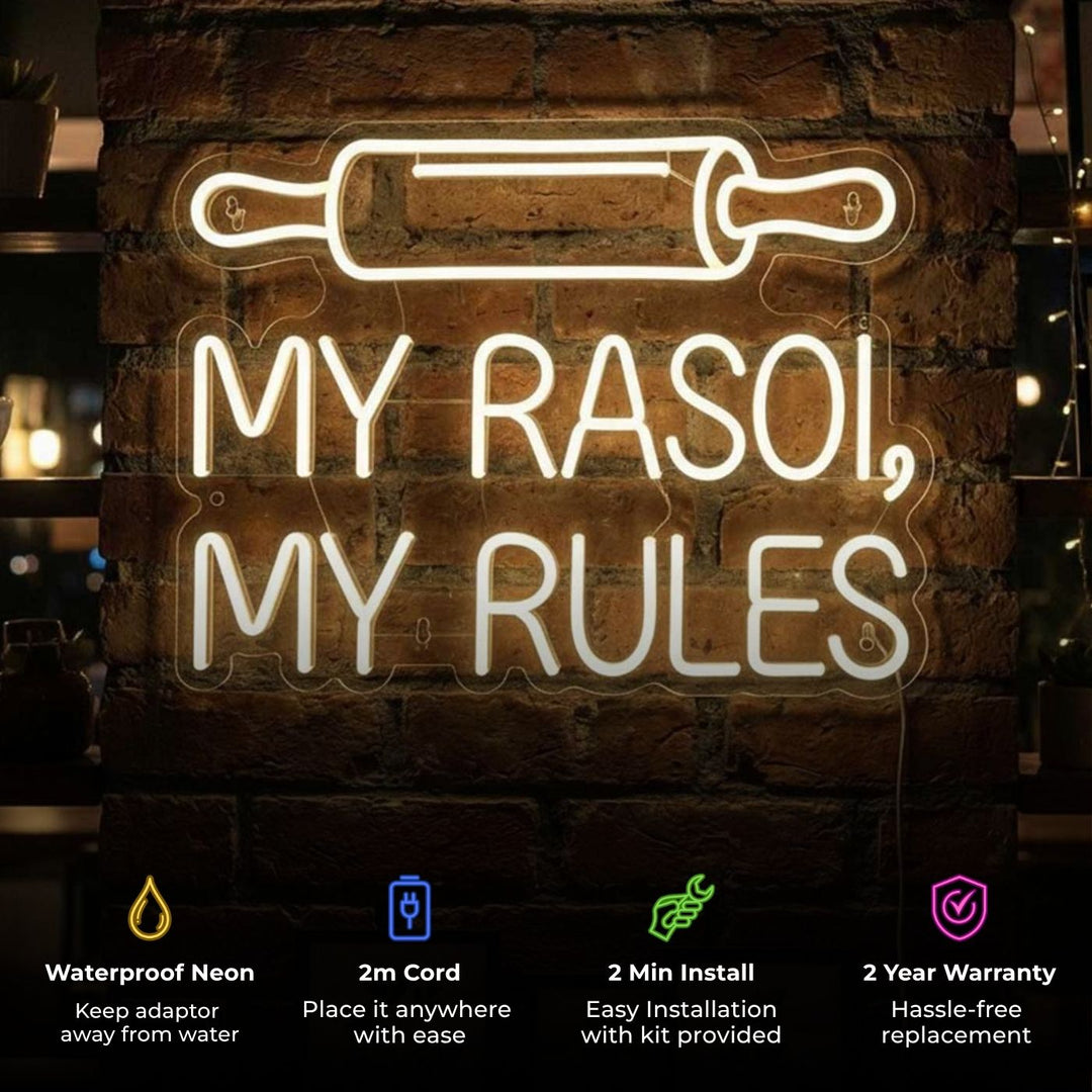 Personalized Handmade "My Rasoi My Rules" Neon Light Sign Board For Kitchen Wall Decor