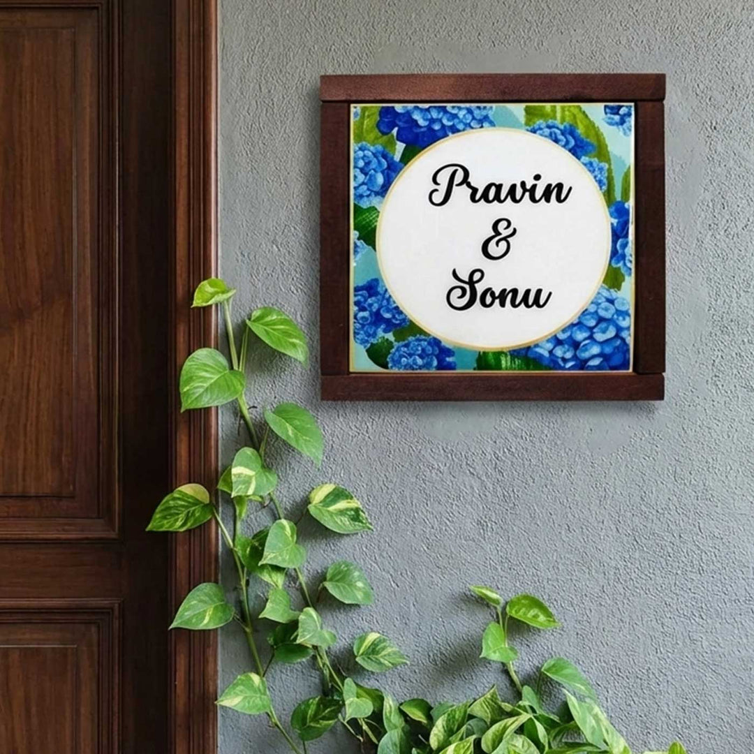 Blue Hydrangea Personalized Printed Square Resin Name Plate