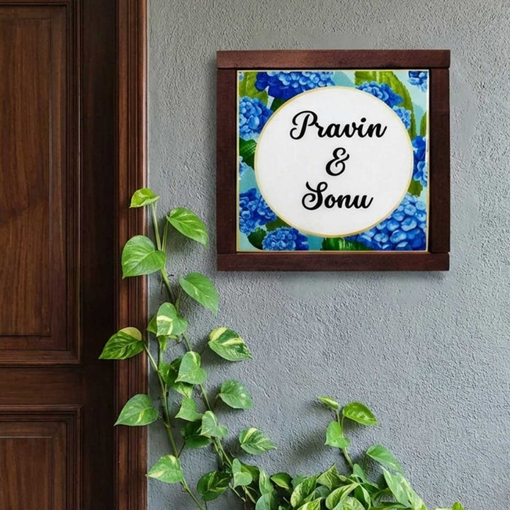 Blue Hydrangea Personalized Printed Square Resin Name Plate