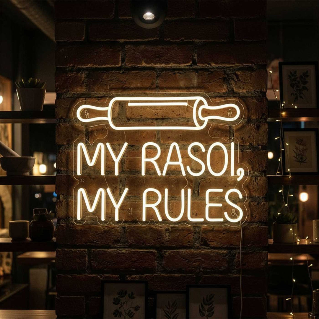 Personalized Handmade "My Rasoi My Rules" Neon Light Sign Board For Kitchen Wall Decor