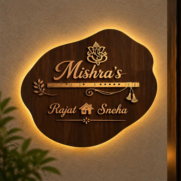 Personalized Flute Motif Led Backlit Amorphous Rubber Wood Name Plate With Brass Letters For Home