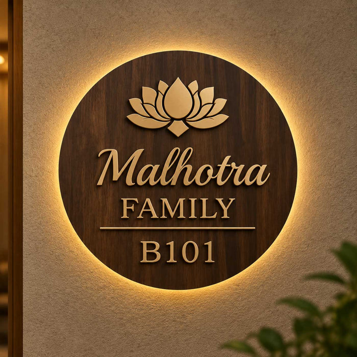 Personalized Lotus Motif Led Backlit Round Rubber Wood Name Plate With Brass Letters For Home