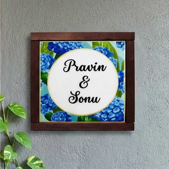 Blue Hydrangea Personalized Printed Square Resin Name Plate