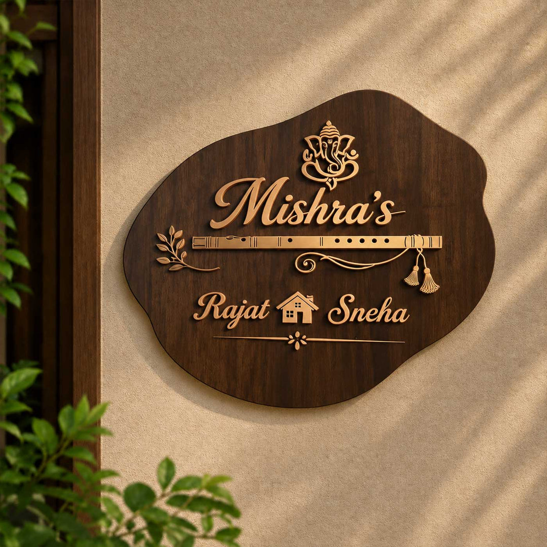 Personalized Flute Motif Led Backlit Amorphous Rubber Wood Name Plate With Brass Letters For Home