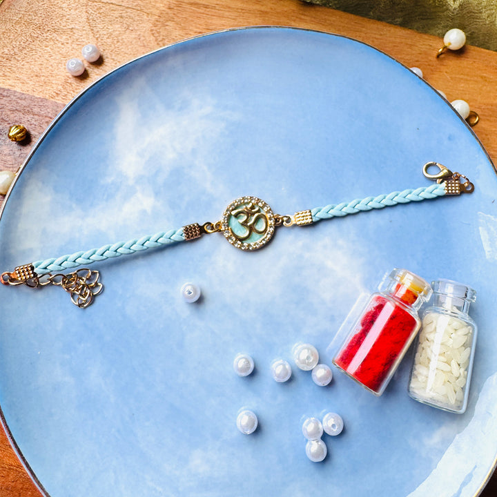 Reusable Handmade Om Charm - Blue Leather & Acrylic Band Rakhi With Roli Chawal For Brother