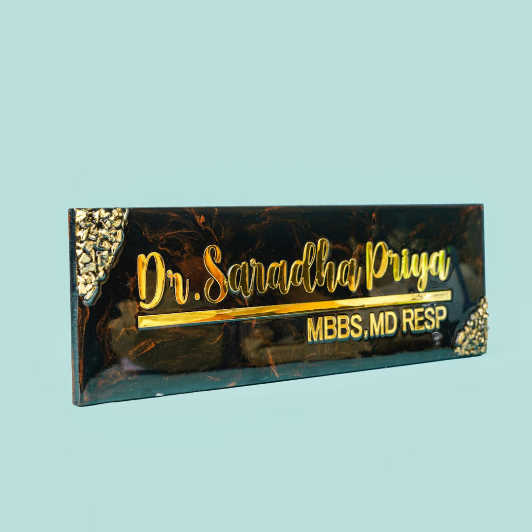 Handmade Resin Black & Gold Rectangle Marbled Name Plate for Doctors