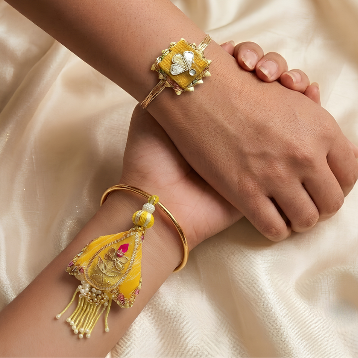 Handcrafted Gota Patti "Surya" Couple Rakhi & Lumba Set With Roli Chawal for Bhaiya Bhabhi