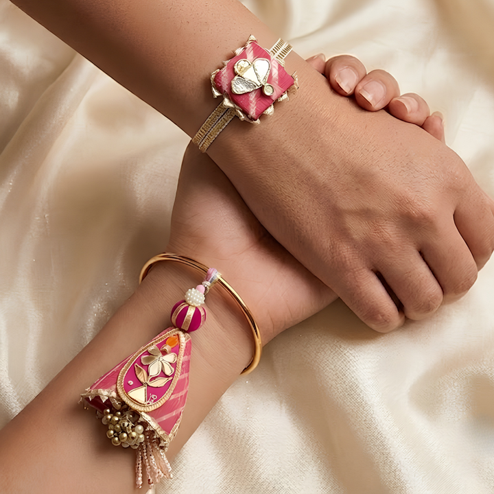 Handcrafted Gota Patti "Bahaar" Couple Rakhi & Lumba Set With Roli Chawal for Bhaiya Bhabhi