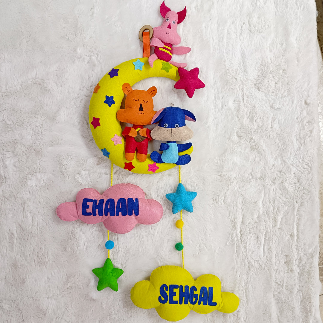 Handcrafted Personalized Pooh on the Moon Felt Name Plate for Siblings